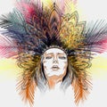 Fashion illustration boho Indian girl with head dress from