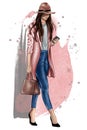 Ashion illustration - Brunette girl in fashion clothes