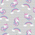 Fashion illustration drawing in modern style for clothes. Pattern with unicorn and rainbow. Trendy seamless vector pattern on a