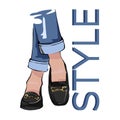 Fashion illustration of female legs in jeans and loafers.