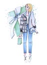 Fashion illustration of a girl with blond hair in jeans is shopping the bride on the background a box with a gift