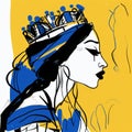 Fashion Illustration Of A Girl In A Blue And Yellow Crown