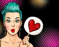 Fashion illustration of girl holding the plate with heart or lollipop.Pop art style. Party invitation or Birthday greeting card