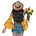 Fashion Illustration - Girl holding a sunflower - woman Portrait