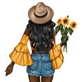 Fashion Illustration - Girl holding a sunflower - woman Portrait Royalty Free Stock Photo