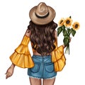 Fashion Illustration - Girl holding a sunflower - woman Portrait Royalty Free Stock Photo