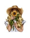 Fashion Illustration - Girl holding a sunflower - woman Portrait Royalty Free Stock Photo