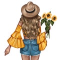 Fashion Illustration - Girl holding a sunflower - woman Portrait Royalty Free Stock Photo