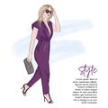 Fashion illustration: girl in playsuit on high heels. Stylish weekend look. Business woman character illustration. Model Royalty Free Stock Photo