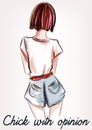 Fashion illustration with girl short hair standing back.