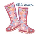 Fashion illustration with girlish vector pink rubber boots for design Royalty Free Stock Photo