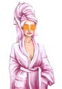 Fashion illustration  hand drawn illustration of a woman in a spa bathrobe with a orange mask Royalty Free Stock Photo