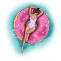Fashion Illustration - Hand drawn raster image - Girl on donut pool float Royalty Free Stock Photo