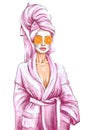 Fashion illustration  hand drawn illustration of a woman in a spa bathrobe with a orange mask Royalty Free Stock Photo