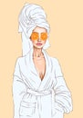 Fashion illustration hand drawn illustration of a woman in a spa bathrobe with a orange mask