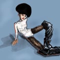 Fashion illustration of imaginary glamour model sitting on the floor in a high fashion outfit