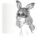 Fashion illustration with lady face and rabbit girl with a mask Royalty Free Stock Photo