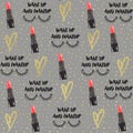 Fashion Illustration. Lipstick, gold heart Illustration. Fashion Pattern Grey Background.