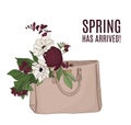 Fashion illustration: luxury bag full of flowers. Beautiful floral composition, spring text. Quote beauty art with