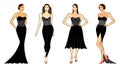 Fashion illustration of outline female models in corset dresses, isolated, on white background. Royalty Free Stock Photo