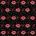 Fashion Illustration Pattern. Fashion Illustration. Watercolor Lip, gold dots background.