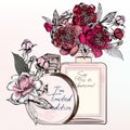 Fashion illustration with perfume bottles, roses, peony flowers in vintage style Royalty Free Stock Photo