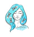 Fashion illustration portrait of girl with blue hair