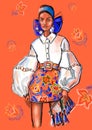 Fashion illustration Postcard of imaginary female model in a trendy outfit on orange background Royalty Free Stock Photo