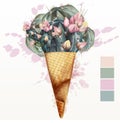 Fashion illustration, print for T-shirt with cactus ice cream with flowers