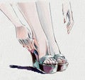 Fashion watercolor illustration. Woman taking her shoes off Royalty Free Stock Photo