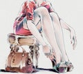 Fashion watercolor illustration. Woman taking her shoes off Royalty Free Stock Photo