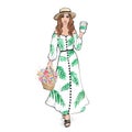 Fashion illustration, summer dress with hat and flowers plus coffee to go