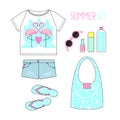 Fashion Illustration. Summer outfit. Woman modern clothing flat lay set.