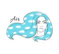 Fashion illustration vector portrait of dreamy girl with clouds