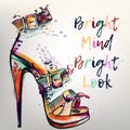 Fashion illustration with vector shoe in colorful ink spots. Bright mind bright look