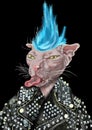 Fashion illustration of a white Canadian Sphynx cat with blue mohawk