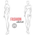 Fashion illustration of women`s figure. Vector outline girl model template for fashion sketching.