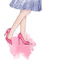 Fashion illustration of womens legs, pink shoes and dress for spring holiday. Womens day 8 March greeting card