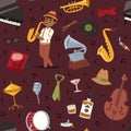 Fashion jazz band music party symbols art performance and musical instrument man character sound concert acoustic blues