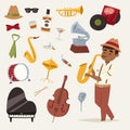 Fashion jazz band music party symbols art performance and musical instrument man character sound concert acoustic blues