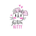 Fashion kawaii kitty. Vector illustration of a cat face with a bow. Can be used for t-shirt print, kids wear design