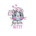 Fashion kawaii kitty. Vector illustration of a cat face with a bow. Can be used for t-shirt print, kids wear design