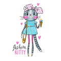Fashion kawaii kitty. Vector illustration of a cat in fashionable clothes. Can be used for t-shirt print, kids wear