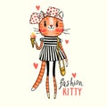 Fashion kawaii kitty. Vector illustration of a cat in fashionable clothes. Can be used for t-shirt print, kids wear