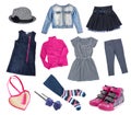 Fashion kid child girl clothes collage set isolated. Royalty Free Stock Photo