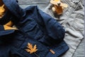 Fashion kids blue coat, denim pants and accessories. autumn concept Royalty Free Stock Photo