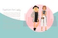 Fashion for ladies vector illustration. Yound ladies in classic fashion cloths, hats, shoes, with bag. Trendy Royalty Free Stock Photo