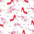 Fashion lady shoes and flowers seamless vector pattern. Royalty Free Stock Photo