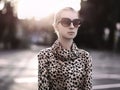 Fashion lady woman wearing a leopard dress with sunglasses Royalty Free Stock Photo