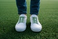 Fashion lifestyle Feet in white sneakers on lush green grass